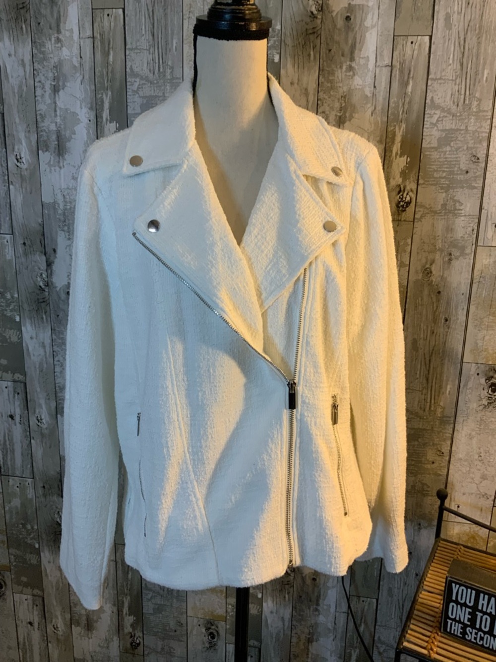 Nine West Cream Bouclé Moto Blazer